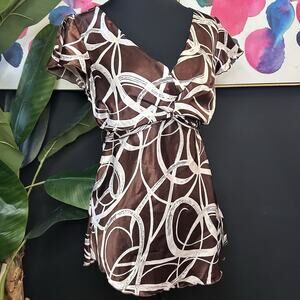 Y2K Brown & White Abstract Print Blouse with Slit Fairy Sleeves and Tie Waist L